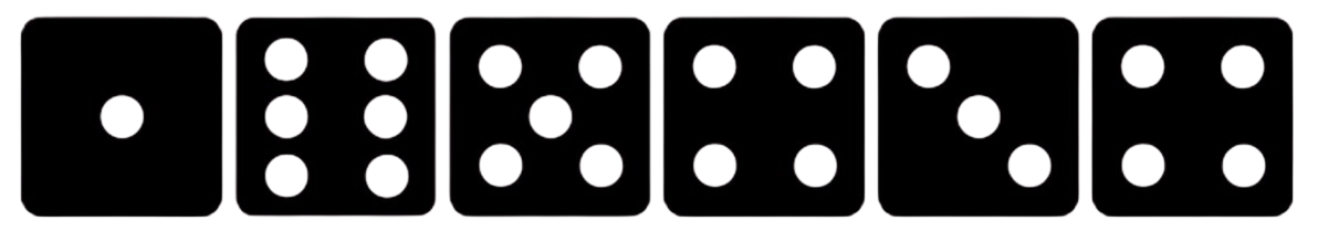 6 black dice showing different numbers.