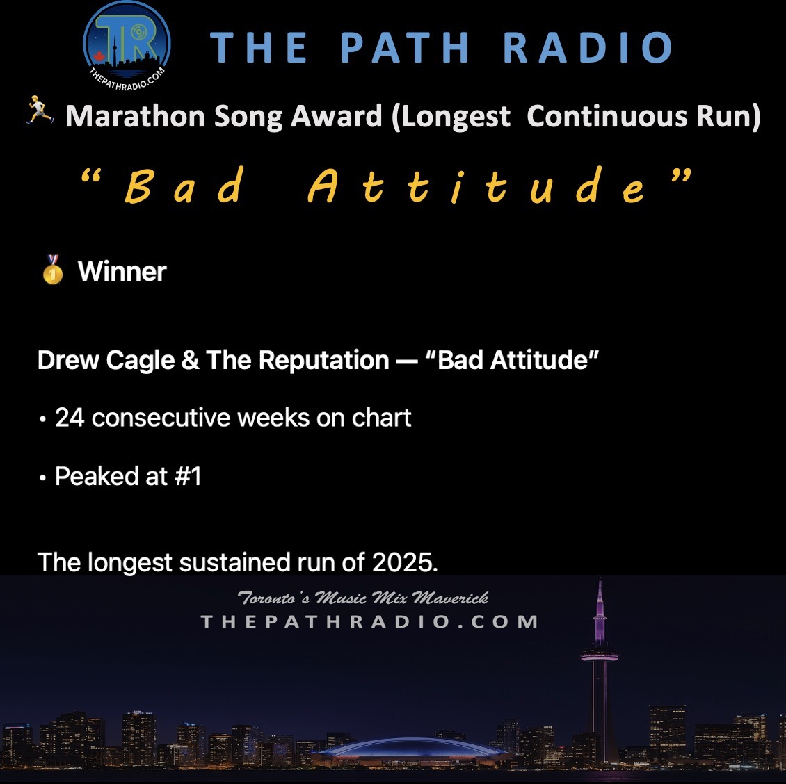 The Path Radio 2025 Marathon Song of the year for longest continuous run.