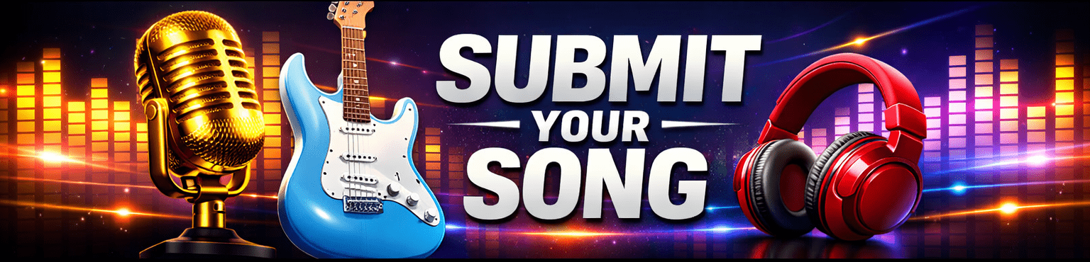 The Path Radio Submit Your Song Banner has a gold microphone, blue guitar, and red headphones on a music bar background.