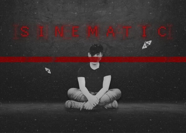 Sinematic Artwork a man sitting cross legged with a red line over his mouth.