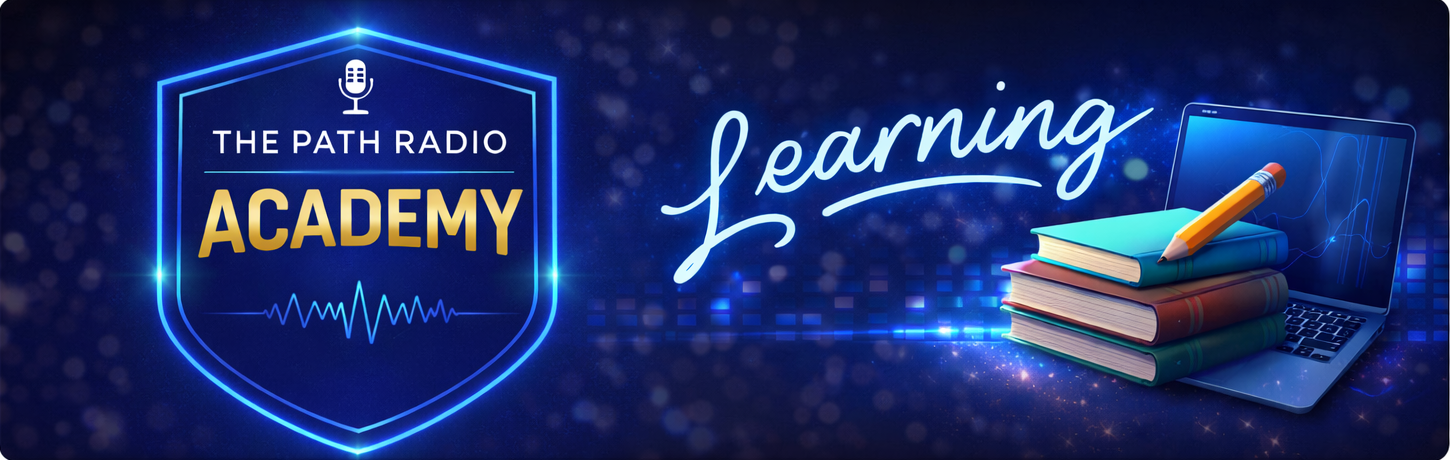 The Path Radio Academy Learning Banner has a logo with a microphone, some books, pencil, and a laptop computer