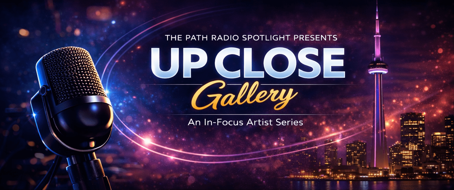 Web Banner for The Path Radio Spotlight Up Close Gallery Has a Microphone and Toronto CN Tower City landscape